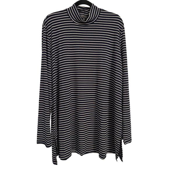 Slinky Brand NWOT Coastal Nautical Navy Ribbed Knit Stripe Mock Neck Tunic 3X - Picture 1 of 8